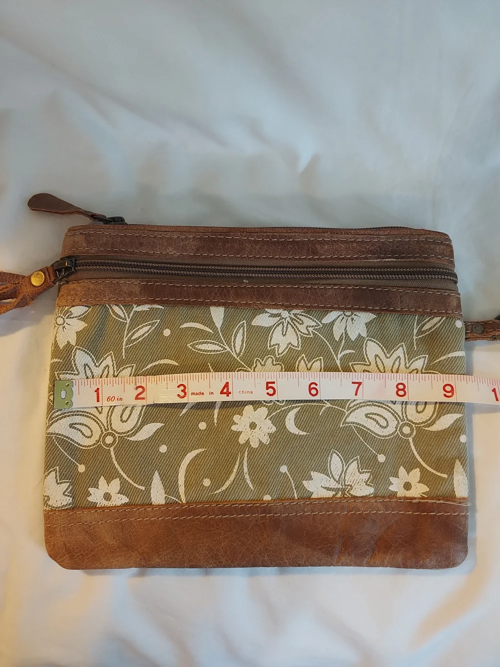 Myra Bag Green N Tan Canvas Leather Wristlet Pouch Floral Boho
